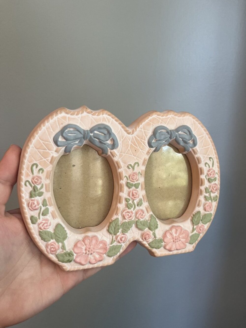 Vintage Floral Ceramic Terra Cotta Double Picture Frame With Bow & Rose Details